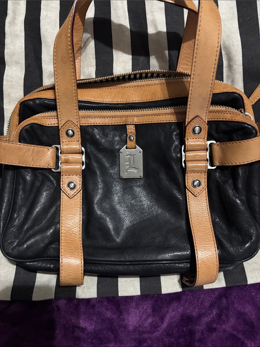 LAMB Black and Tan Leather Satchel Bag with Signature Tag